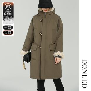 DONEED2025冬季新款时尚休闲白鸭绒牛角扣派克羽绒服中长外套女
