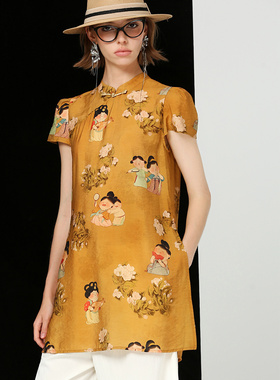 DONEED夏款时尚气质新中式立领印花复古盖袖上衣女