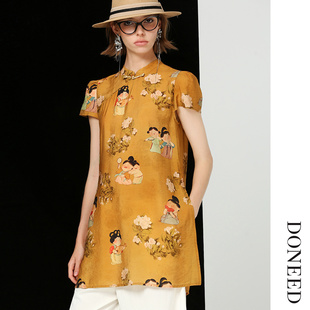 立领印花复古盖袖 气质新中式 上衣女 时尚 DONEED夏款