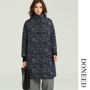 DONEED2025冬季新款国风印花宽松保暖高领棉衣外套女