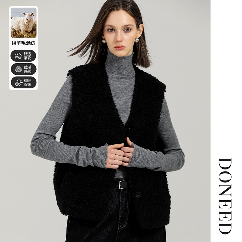 休闲慵懒纯色软糯仿皮毛一体马甲