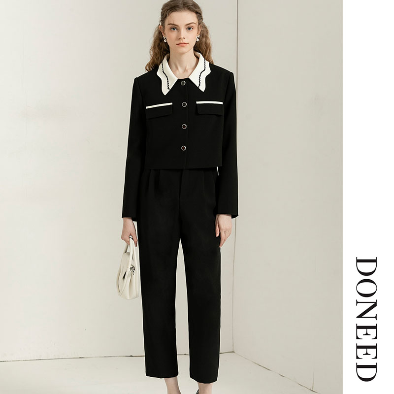 通勤波浪翻领精致干练两件套套装