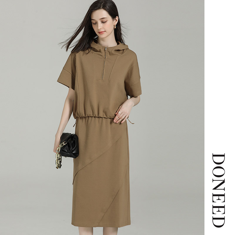 DONEED夏款时尚休闲卫衣套装短袖连帽上衣松紧腰半身裙两件套女