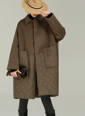 DONEED冬季新款双面毛呢拼接绗缝羽绒翻领中长款外套