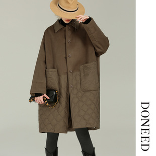 DONEED2025冬季新款双面毛呢拼接绗缝羽绒翻领中长款外套