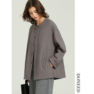 DONEED2025秋冬新款外套简约竖条纹宽松舒适棉上衣外套女