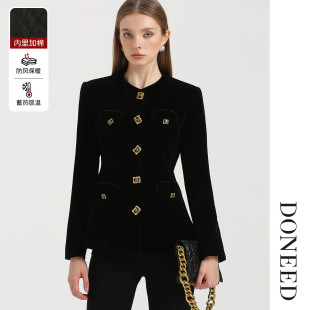 DONEED春秋款复古气质宫廷名媛收腰显瘦丝绒夹棉保暖黑色外套女