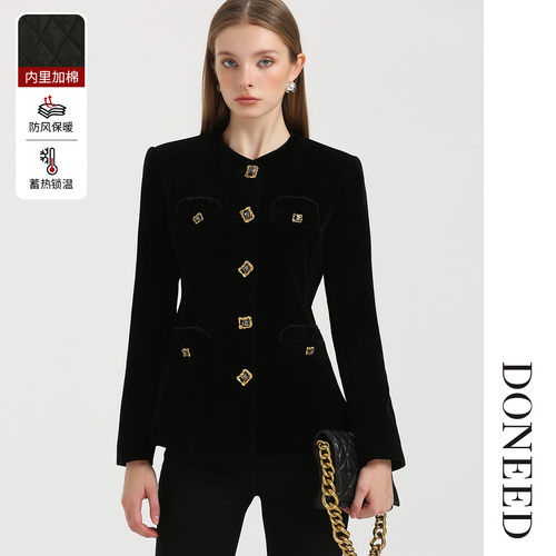复古气质显瘦丝绒夹棉黑色外套