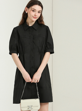 DONEED2026【纯棉】夏款缩褶设计宽松短袖衬衫式连衣裙女
