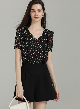 DONEED夏款气质时尚百搭减龄印花设计感短袖衬衫法式上衣女