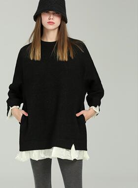 DONEED初春新款拼接设计感宽松休闲百搭时尚卫衣连衣裙女