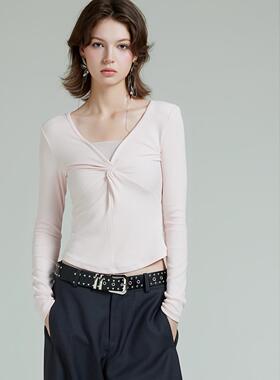 DONEED春夏新款V领扭结正肩纯欲拼接温柔通勤法式长袖针织