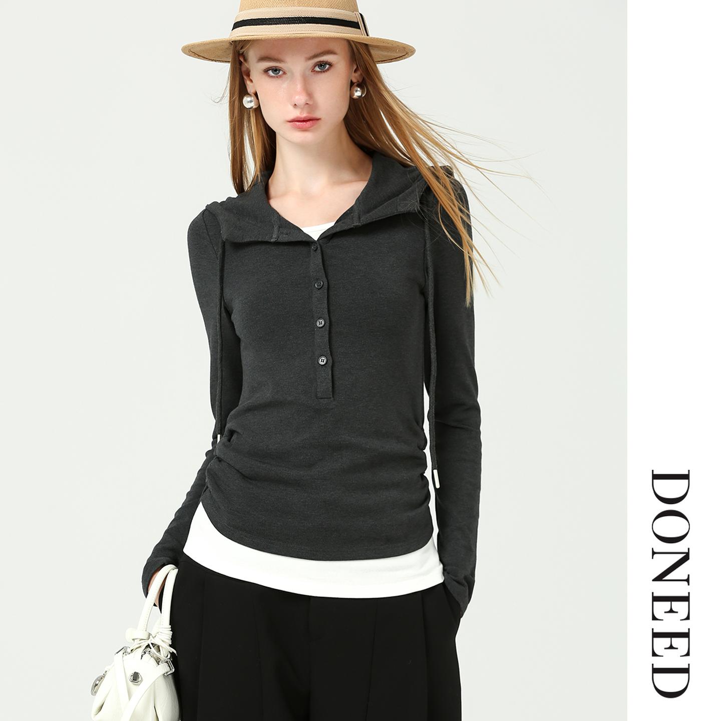 简约休闲修身正肩连帽长袖上衣