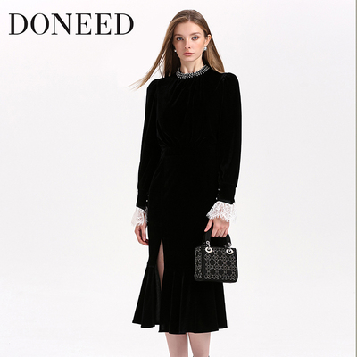 优雅气质钉珠拼接蕾丝丝绒连衣裙