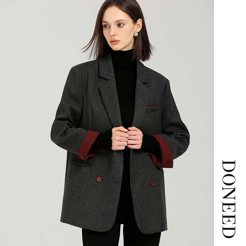 平驳领宽肩西装撞色宽松显瘦外套