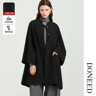 DONEED2025冬季新款中长款格子绗缝立领宽松时尚风衣外套女