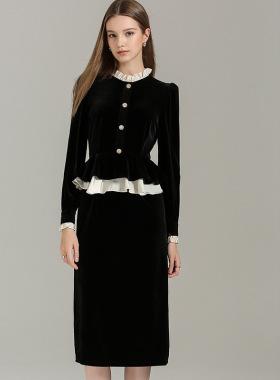 DONEED春款时尚通勤收腰气质优雅拼接设计感丝绒假两件连衣裙女