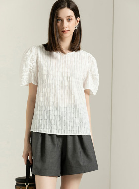 DONEED夏新款小清新格纹肌理提花泡泡短袖褶皱上衣宽松衬衫女