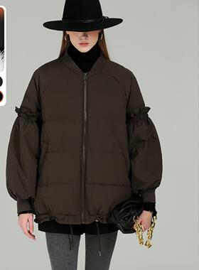 DONEED2025冬季新款木耳边灯笼袖棒球领宽松休闲90白鸭绒外套