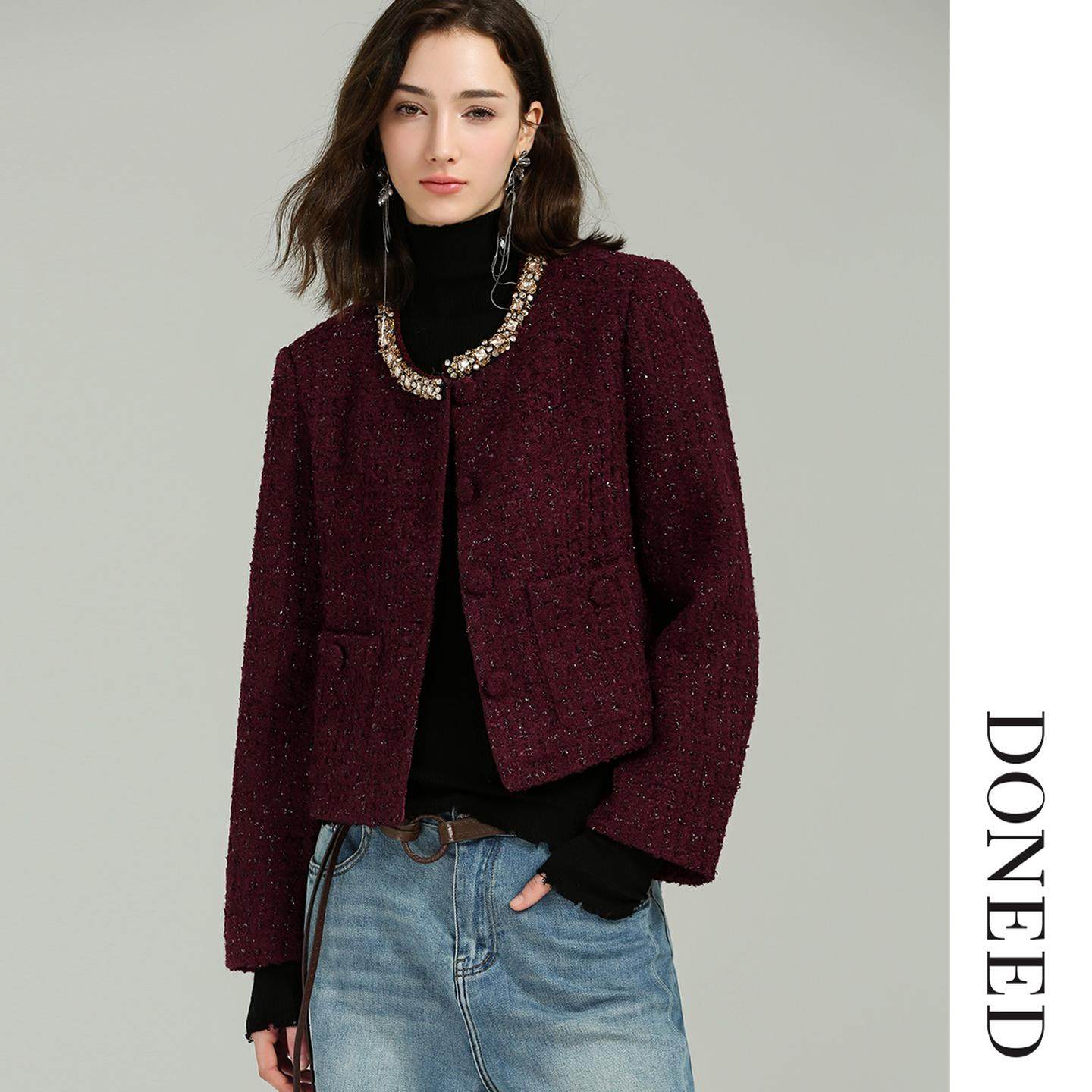 DONEED2026春款时尚优雅气质钉钻花边粗花呢箱型设计小香风外套女