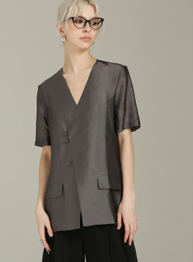 DONEED夏款新中式蕾丝拼接盘扣斜门襟上衣外套女