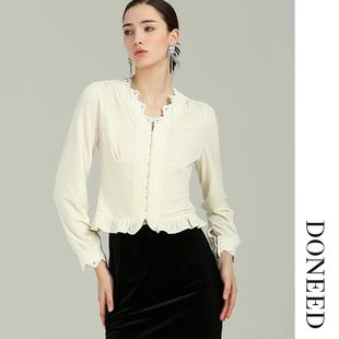 DONEED2026初春新款时尚V领拼接蕾丝上衣轻奢复古时尚百搭