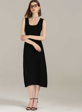 DONEED夏新款极简风大U领收腰显瘦高弹长款背心针织连衣裙女