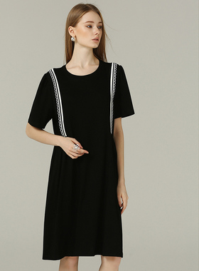 DONEED夏款时尚减龄缩褶泡泡袖宽松显瘦中长款圆领针织连衣裙女