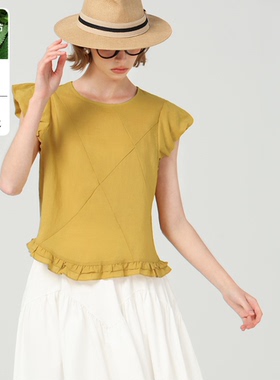 DONEED夏温婉休闲圆领花苞袖设计感不对称分割上衣女