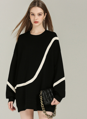 DONEED初春新款甜酷风个性撞色织带宽松舒适卫衣裙小个子连衣裙女