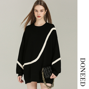 DONEED2025新款甜酷风个性撞色织带宽松舒适卫衣裙小个子连衣裙女