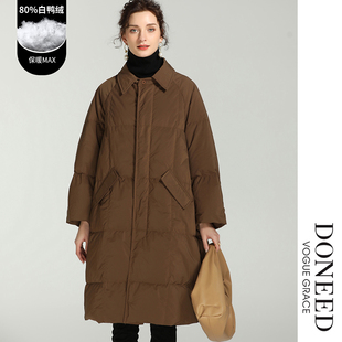 DONEED2025冬款简约中性风80绒加厚保暖中长款羽绒服女（偏大）