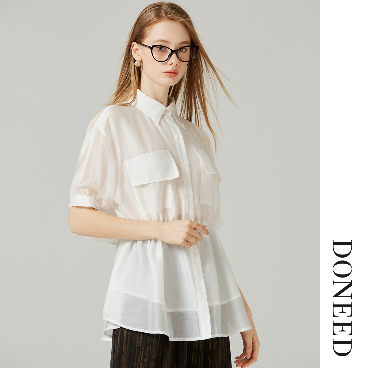 DONEED夏新款知性优雅通勤抽绳收腰显瘦翻领轻薄衬衣上衣女