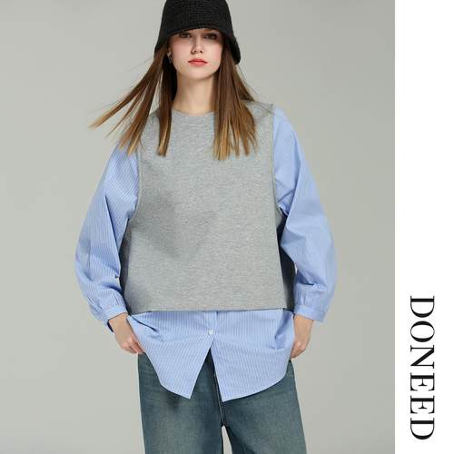 休闲气质简约设计感拼接条纹卫衣