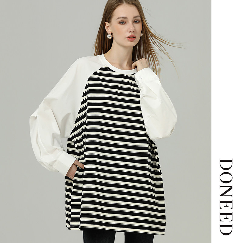DONEED2025秋时尚休闲拼接插肩袖设计感条纹长袖T恤卫衣女,女装/女士精品,卫衣/绒衫,淘宝优惠券,粉丝福利购,淘宝优惠卷