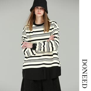 DONEED2025冬季新款廓形基础简约减龄黑白条纹宽松显瘦卫衣上衣女