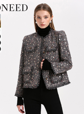 DONEED春款优雅气质粗花呢小香风亮片细闪时髦毛边圆领外套女