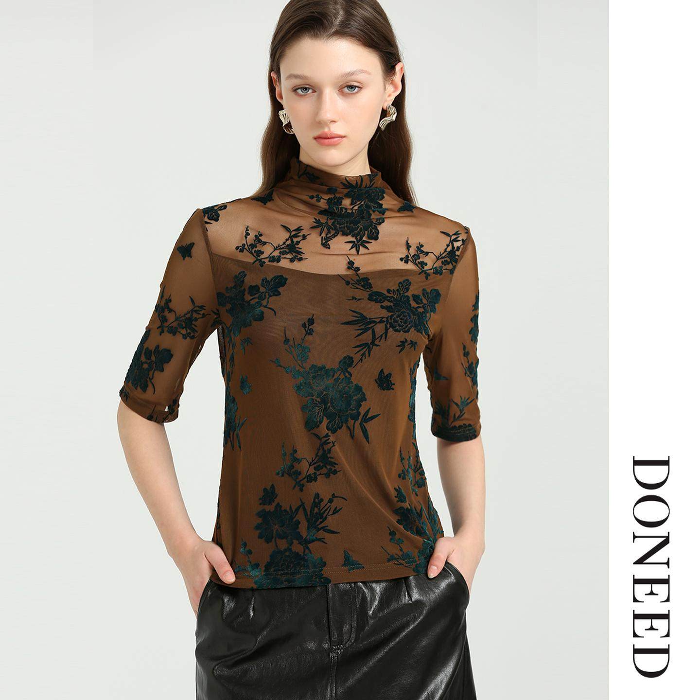 DONEED2026初春复古半高领优雅性感植绒网纱短袖上衣女,女装/女士精品,衬衫,淘宝优惠券,粉丝福利购,淘宝优惠卷