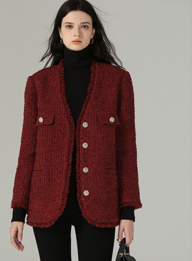 DONEED春秋款时尚轻奢小香风外套保暖粗花呢V领毛须边羽绒服女