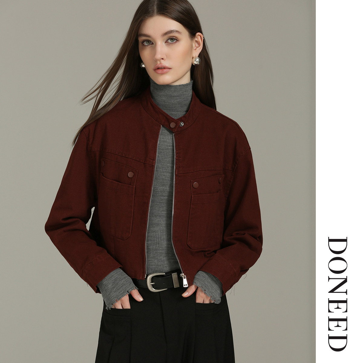 DONEED春款休闲气质纯棉设计感短款夹克显瘦百搭外套女