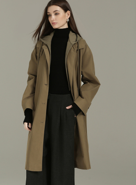 DONEED春款休闲连帽可拆卸翻领可收腰显瘦中长款外套风衣女