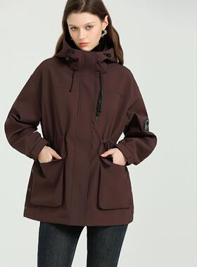 DONEED春款时尚休闲户外派克服酷帅机能内收腰连帽夹克外套女