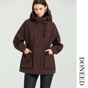 DONEED春款时尚休闲户外派克服酷帅机能内收腰连帽夹克外套女