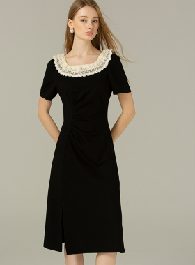 DONEED夏新款法式优雅气质蕾丝拼接不对称收腰中长款连衣裙女