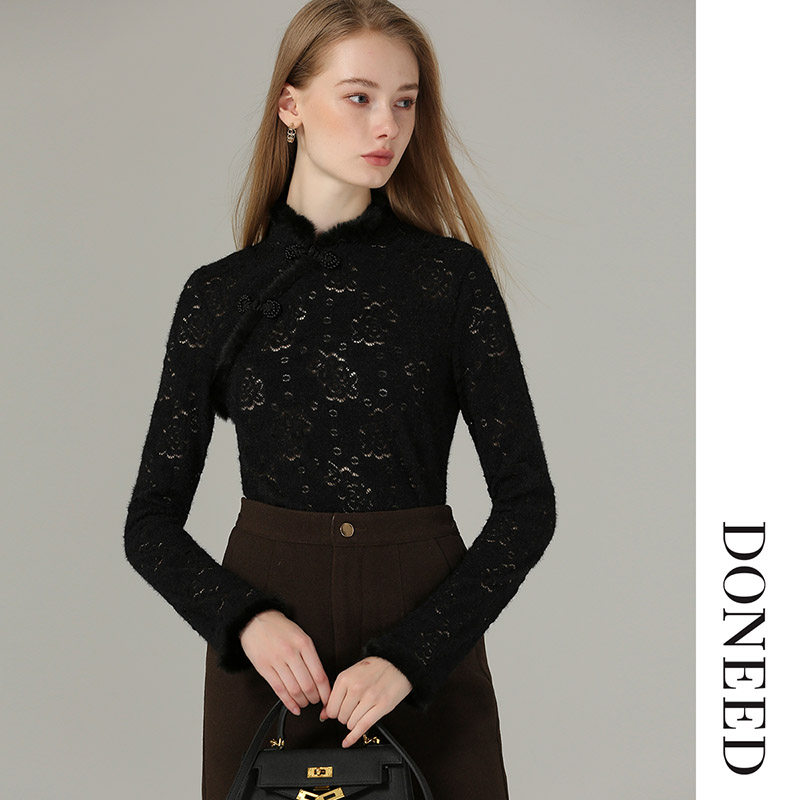 DONEED2025秋冬新中式轻奢毛毛立领盘扣绒感蕾丝小衫别致上衣女,女装/女士精品,毛针织衫,淘宝优惠券,粉丝福利购,淘宝优惠卷