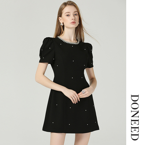 DONEED夏新款轻奢小香风重工钉钻收腰小黑裙连衣裙礼服裙A字裙女