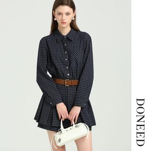 配腰带套装 百褶连衣裙搭配短裤 女 甜酷复古格纹衬衫 DONEED2025秋款
