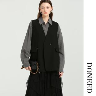 DONEED2025初秋时尚简约高级感宽松无领气质西装马甲外套女