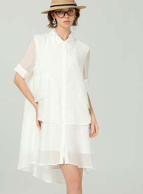 DONEED夏款文艺风宽松飘逸浪漫叠层拼接短袖衬衫式连衣裙女
