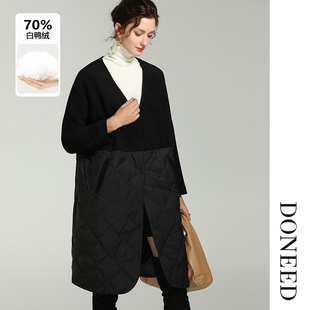 DONEED秋冬款知性优雅保暖V领设计感呢料拼接羽绒服外套女
